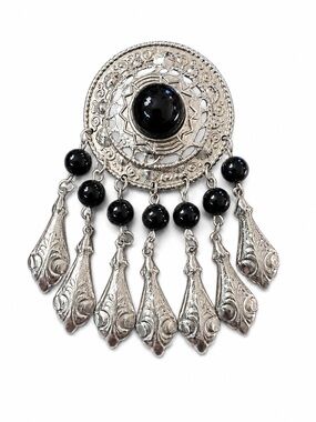 Vintage Boho Silver Tone Dangle Brooch Pin Black Cabochon Statement Fringe